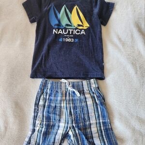Nautica Navy Tee with Blue & Yellow Sailboat Graphic and Blue Plaid Shorts